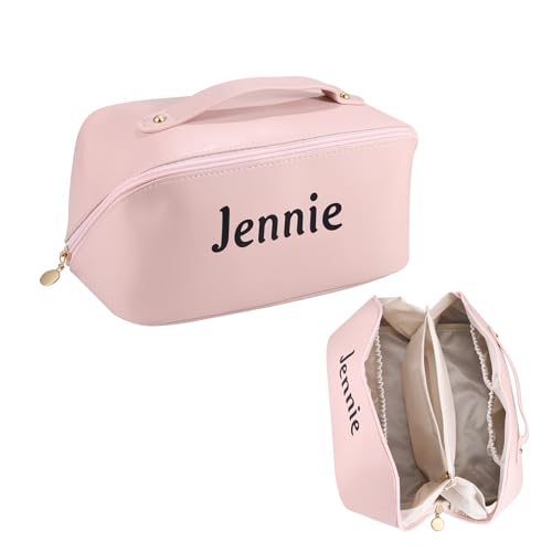 Jeweidea Personalisierte Kosmetiktasche mit Namen für Frauen Mädchen PU Leder Make Up Tasche mit Griff Hängende Große Kulturtasche Geschenk für Freundin Dame Mädchen (Hellrosa) von Jeweidea