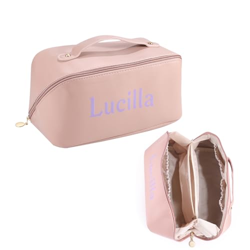 Jeweidea Personalisierte Kosmetiktasche mit Namen für Frauen Mädchen PU Leder Make Up Tasche mit Griff Hängende Große Kulturtasche Geschenk für Freundin Dame Mädchen (Rosa) von Jeweidea