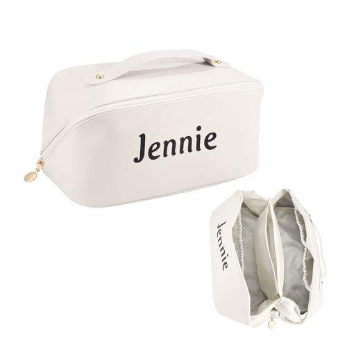 Jeweidea Personalisierte Kosmetiktasche mit Namen für Frauen Mädchen PU Leder Make Up Tasche mit Griff Hängende Große Kulturtasche Geschenk für Freundin Dame Mädchen (Weiß) von Jeweidea