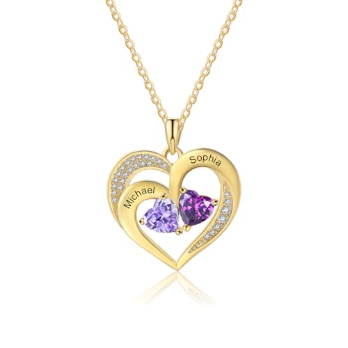 Jeweidea Personalisierte Namenskette 925 Sterling Silber Kette Damen Herz Anhänger mit Namen für Mama Oma Geschenk für Muttertag Valentinstag Weihnachten (Gold-2 name) von Jeweidea