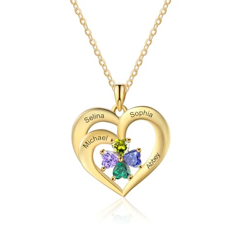 Jeweidea Personalisierte Namenskette 925 Sterling Silber Kette Damen Herz Anhänger mit Namen für Mama Oma Geschenk für Muttertag Valentinstag Weihnachten (Gold-4 name) von Jeweidea
