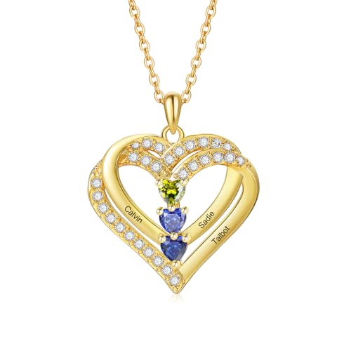 Jeweidea Personalisierte Namenskette Silber 925 Damen Kette mit Herz Anhänger Silberkette mit Namen für Mama Oma Geschenk für Muttertag Valentinstag Weihnachten (Gold-3 name) von Jeweidea