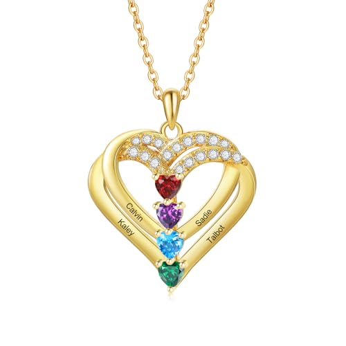 Jeweidea Personalisierte Namenskette Silber 925 Damen Kette mit Herz Anhänger Silberkette mit Namen für Mama Oma Geschenk für Muttertag Valentinstag Weihnachten (Gold-4 name) von Jeweidea