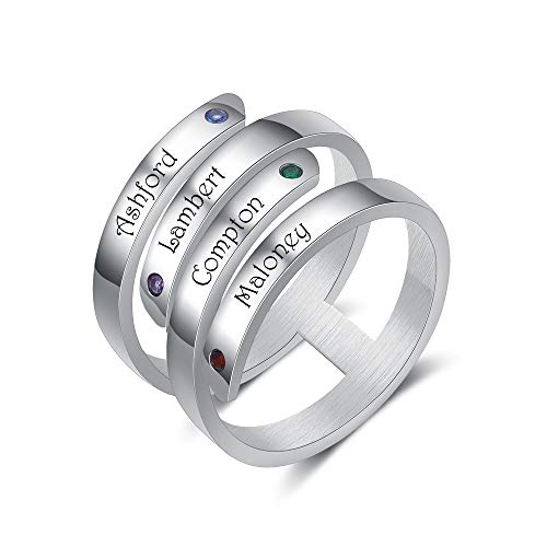 Jeweidea Personalisierter Twist Ring mit eingravierten 2/3/4 Namen Benutzerdefinierte Geburtssteine Versprechensring für Frauen Männer Verstellbare Ringe für Muttertag Valentinstag Geburtstag(4 namen) von Jeweidea