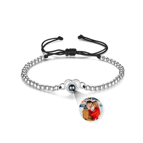 Jeweidea Projektion Foto Armband für Männer Frauen Personalisierte Armband mit Foto im Inneren für Paar Einstellbare Herz-Armband mit Perle für Valentinstag Personalisierte Jewerly von Jeweidea