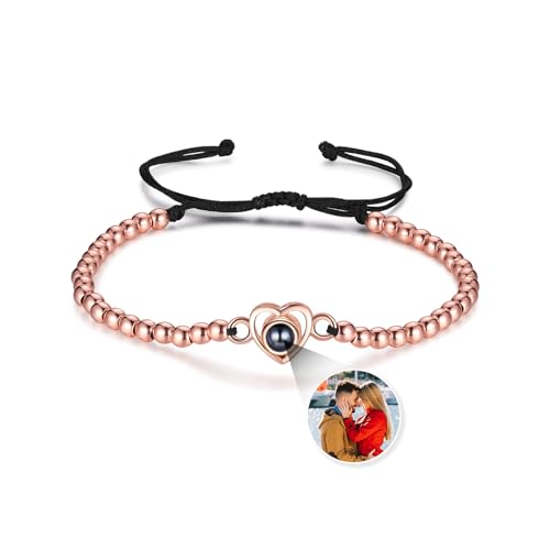 Jeweidea Projektion Foto Armband für Männer Frauen Personalisierte Armband mit Foto im Inneren für Paar Einstellbare Herz-Armband mit Perle für Valentinstag Personalisierte Jewerly von Jeweidea