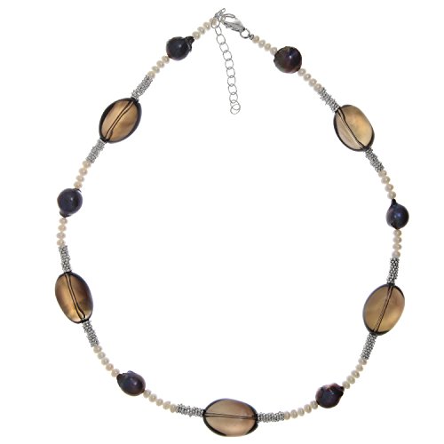 Jewel24 Perlenkette echt 925 Sterling Silber mit Süßwasser-Perlen und Rauchquarz 45-50 cm lang Damen Halskette von Jewel24