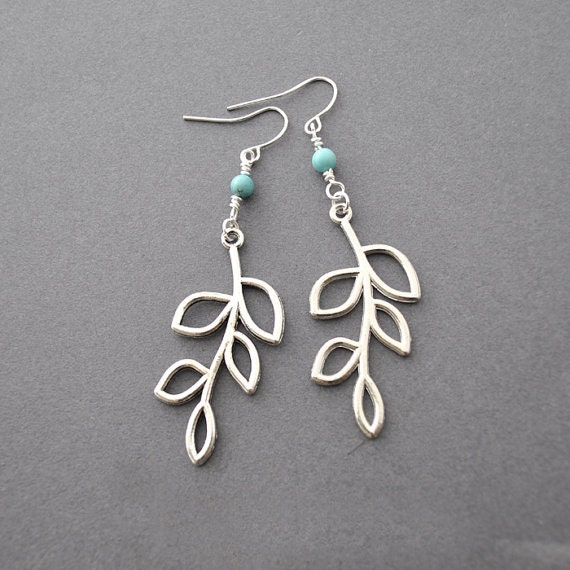 Blatt Silber Ohrringe, Alltag Moderner Look, Brautjungfern Blätter Türkis Ohrringe von JewelMango