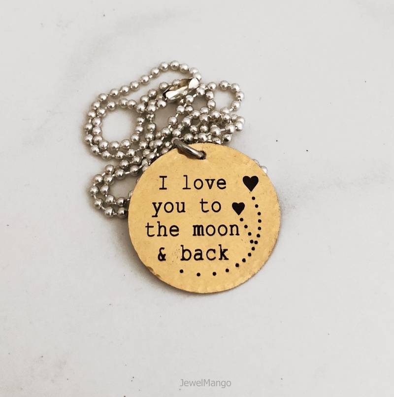 I Love You To The Moon & Back - Kugelkette, Goldfarben, Geschenk Für Sie, Ihn, Mond Und Zurück Halskette, Messing, Herz, Liebe von JewelMango