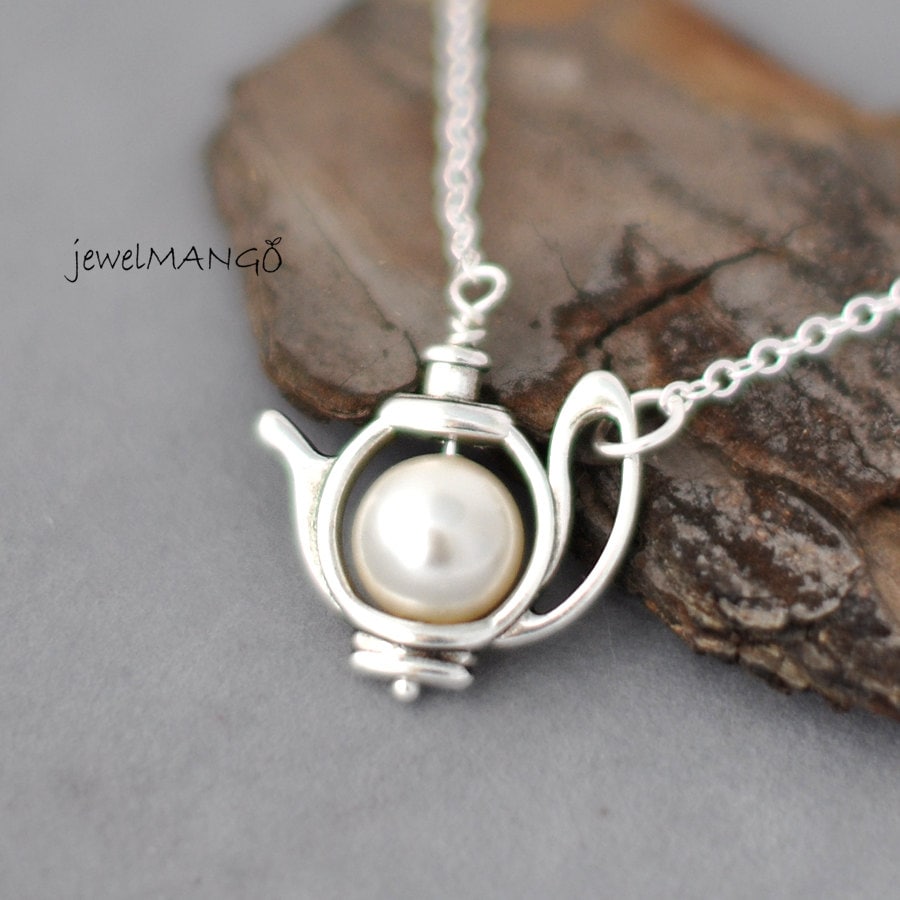 Silber Teekanne - Alice Im Wunderland Sammlung, Creme Perle Halskette, Echte Perle, Swarovski Große Schmuck, Geschenk Für Sie von JewelMango
