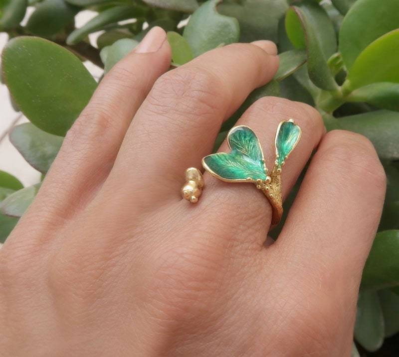 18K Gold Verstellbarer Blattring, Goldschmuck, Grüner Handgemachter Goldring, Ringe, Geschenkring Für Sie von JewelerSoul