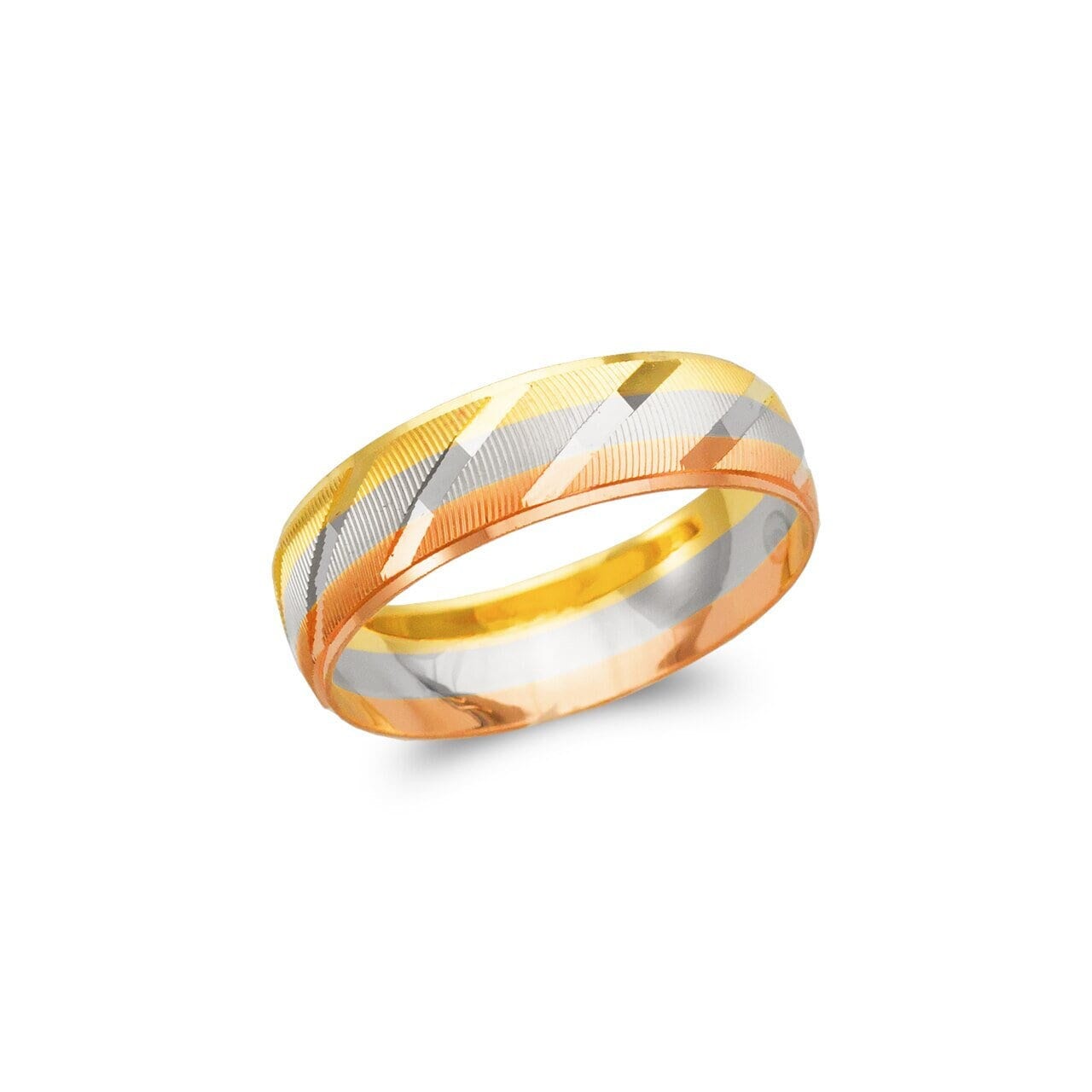 14K Solid Tri Color Gold Ehering Männer Frauen, Diamant Schnitt Gestempelt Design 6 Mm von Jewelheartcalifornia