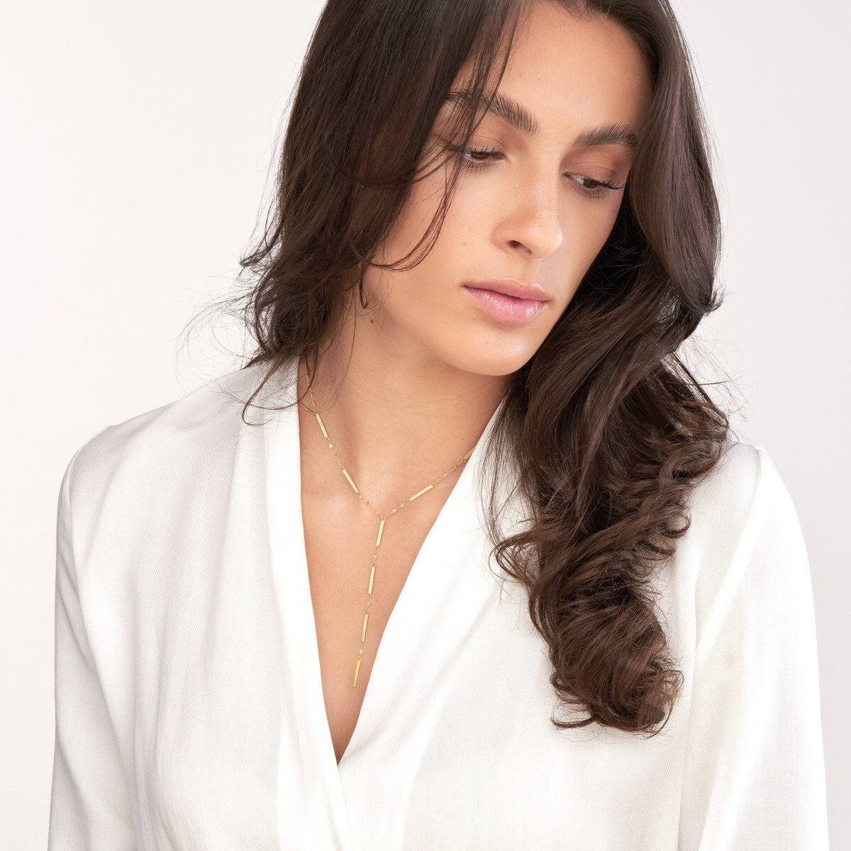 Bar Lariat Halskette 14K Massivgold Y Für Frauen, Zarte Echtgold Station Halskette, Lange Verstellbare Kette von Jewelheartcalifornia