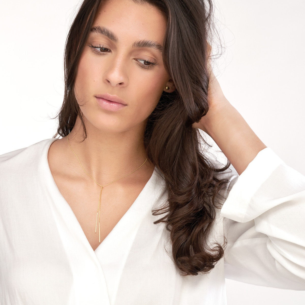 Double Bar Lariat Halskette 14K Solid Gelbgold Drop Halskette, Frauen Einstellbare Kabelkette Y Stick von Jewelheartcalifornia