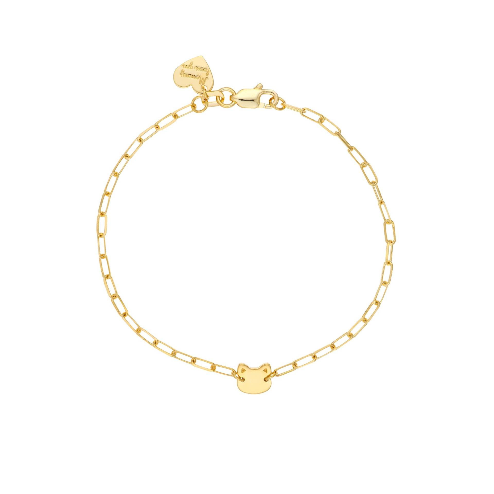 Gold Katze Armband 14K Gelbgold Kitty Gravierte Herz-Tag ""Mama Liebt Dich"" , Mädchen Büroklammer Kettenarmband 15cm von Jewelheartcalifornia