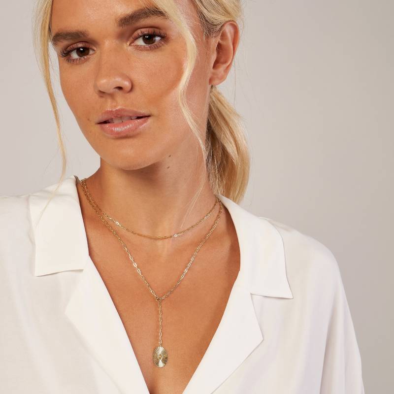 Lariat Halskette Echt 14K Solid Gold Sunburst Münze Y Für Frauen, Lange Doppellagige Halskette, Verstellbare Paperclip Kettenhalskette von Jewelheartcalifornia