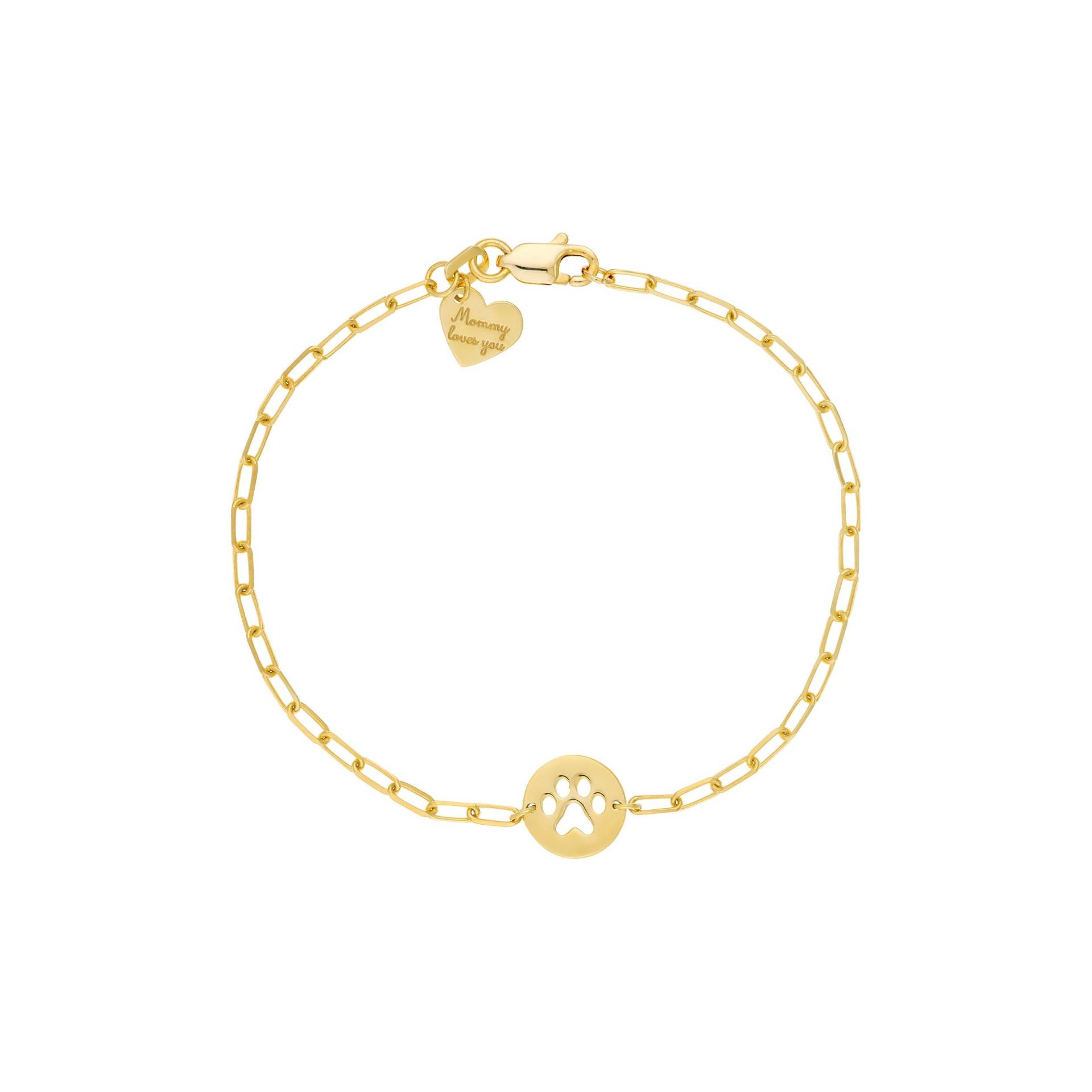 Pfotenabdruck Armband Für Mädchen 14K Solid Gold Graviert Herz Tag "Mama Liebt Dich, Zierliches Echtgold Papierklammer Kettenarmband 15cm von Jewelheartcalifornia