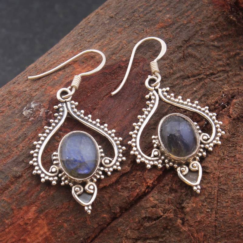 Handgemachte Sterling Silber Labradorit Ohrringe, Edelstein Schmuck von JewelhubIndia