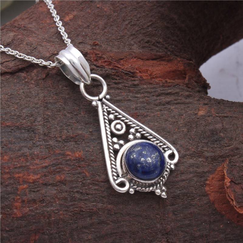 Handgefertigte Runde Lapis Lazuli 925 Sterling Silber Anhänger von JewelhubIndia