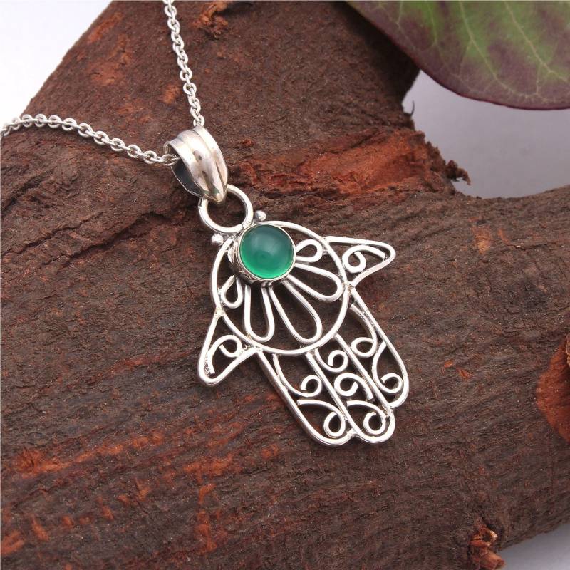 Handgemachte Sterling Silber Hamsa Anhänger, Grüner Onyx Stein von JewelhubIndia