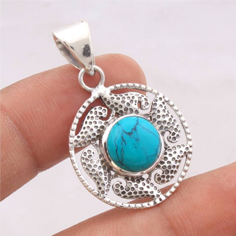 Handgemachter Sterling Silber Türkis Anhänger, Runder Stein von JewelhubIndia