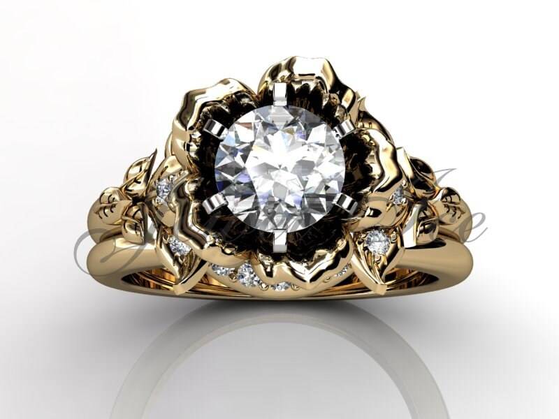 14 K Gelb Gold Diamant Ungewöhnliche Einzigartige Blume-Verlobungsring, Ehering, Blume-Engagement-Set Er-1082-2 von Jewelice