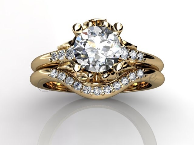 14 K Gelb Gold Diamant Ungewöhnliche Einzigartige Blume-Verlobungsring, Ehering, Blume-Engagement-Set Er-1097-2 von Jewelice