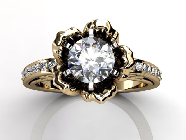 14 K Gelb Gold Diamant Verlobungsring Ungewöhnliche Einzigartige Blume, Hochzeits-Ring, Ehering Er-1077-2 von Jewelice