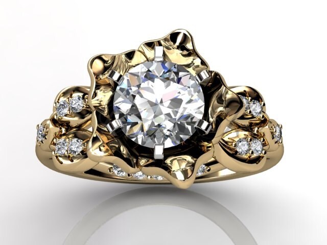14 K Gelb Gold Diamant Verlobungsring Ungewöhnliche Einzigartige Blume, Hochzeits-Ring, Ehering Er-1078-2 von Jewelice