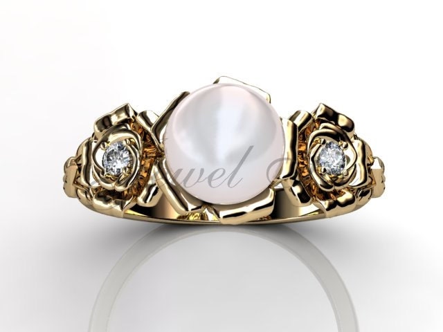 14 K Gelb Gold Weiße Perle Ungewöhnliche Einzigartigen Floral Diamantverlobungsring, Hochzeits-Ring, Ehering Er-1090-2 von Jewelice