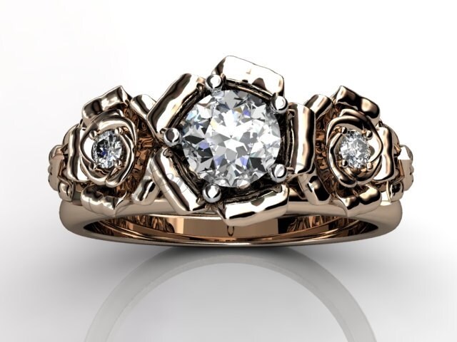 14 K Rose Gold Diamant Verlobungsring Ungewöhnliche Einzigartige Blume, Hochzeits-Ring, Ehering, Blume-Engagement-Set Er-1089-3 von Jewelice