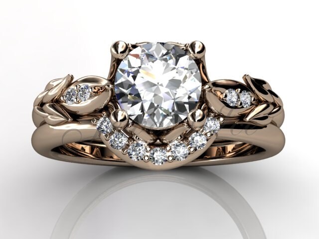 14 K Rose Gold Diamond Ungewöhnliche Einzigartigen Floral Verlobungsring, Ehering, Bridal Ring, Engagement-Set Er-1068-3 von Jewelice