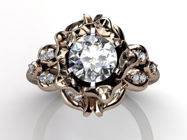 14 K Rose Gold Für Immer Ein Moissanite Diamant Ungewöhnliche Einzigartige Blatt Und Rebe Blume Verlobungsring, Ehering, Jahrestag Ring Ermz-1058-3 von Jewelice