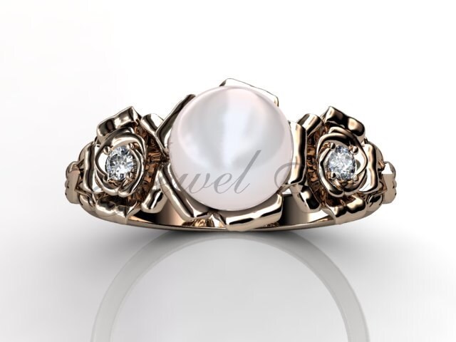 14 K Rose Gold Weiße Perle Diamant Braut Ring, Ungewöhnliche Einzigartige Floral Verlobungsring, Ehering Er-1090-3 von Jewelice