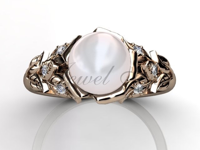 14 K Rose Gold Weiße Perle Ungewöhnliche Einzigartigen Floral Diamantverlobungsring, Braut Ring, Ehering Er-1067-3 von Jewelice