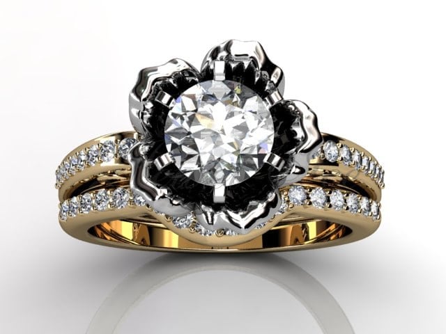 14 K Zwei-Ton Gelb Und Weissgold Diamant-Ungewöhnliche Einzigartige Blume-Verlobungsring, Ehering, Blume Engagement Set Er-1086-7 von Jewelice