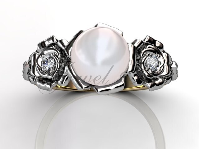 14 K Zwei Ton Gelbe Und Weiße Gold Perle Diamond Ungewöhnliche Einzigartigen Floral Verlobungsring, Hochzeits-Ring, Ehering Er-1090-7 von Jewelice