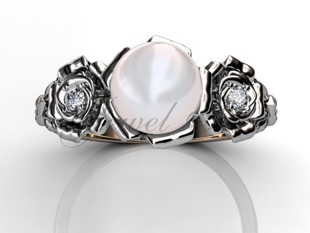 14 K Zwei Ton Rosa Und Weißen Gold Perle Diamond Ungewöhnliche Einzigartigen Floral Verlobungsring, Hochzeits-Ring, Ehering Er-1090-6 von Jewelice