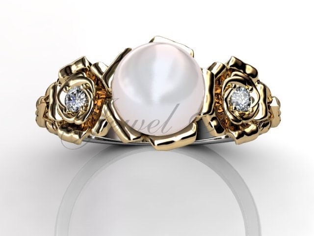 14 K Zwei Ton Weiße Und Gelbe Gold Weiß Perle Diamond Ungewöhnliche Einzigartigen Floral Verlobungsring, Hochzeits-Ring, Ehering Er-1090-4 von Jewelice