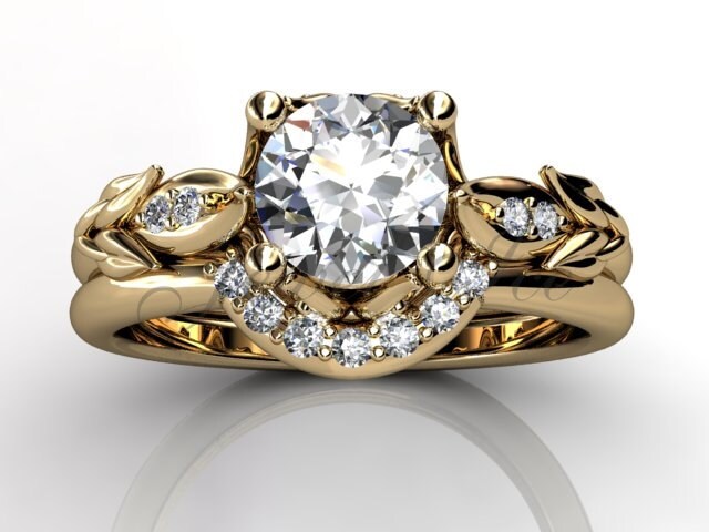 14 Karat Gelbgold Gold Diamant Ungewöhnliche Einzigartigen Floral Verlobungsring, Ehering, Engagement-Set Er-1068-2 von Jewelice