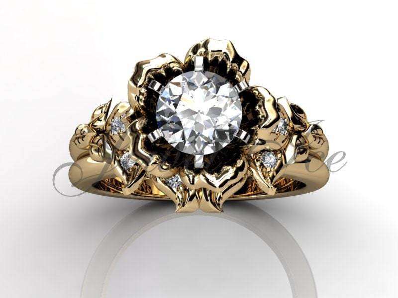 14K Gelbgold Diamant Ungewöhnlicher Einzigartiger Blumen Verlobungsring, Ehering, Verlobungsset Er-1041-2 von Jewelice