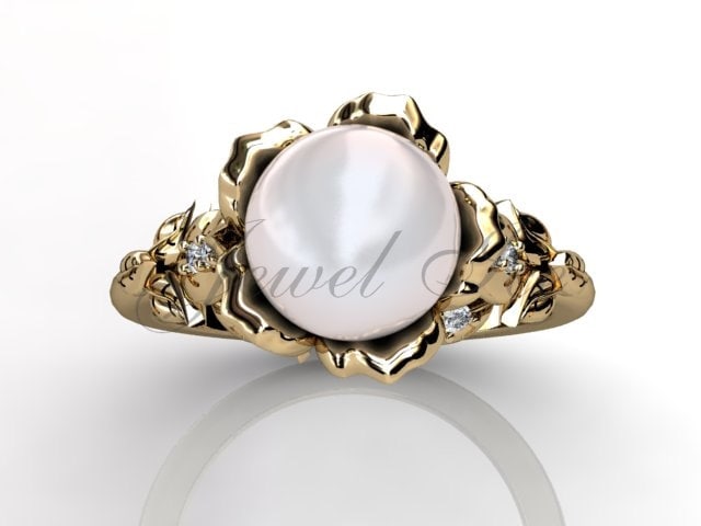 14K Gelbgold Weiß Perlen Diamant Ungewöhnlich Unikat Floraler Verlobungsring, Brautring, Ehering Er-1043-2 von Jewelice