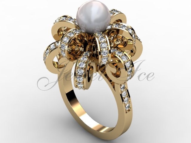 14K Gelbgold Weiß Perlen Diamant Unikat Floral Verlobungsring, Brautring, Ehering Er-1046-2 von Jewelice