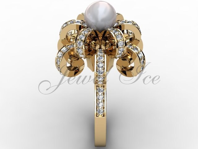 14K Gelbgold Weiß Perlen Diamant Unikat Floral Verlobungsring, Brautring, Ehering Er-1046-2 von Jewelice