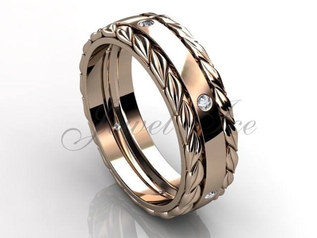 14K Rose Gold Diamant Ungewöhnliche Einzigartige Blatt Und Rebe Floral Ehering Pfund-2022-3 von Jewelice