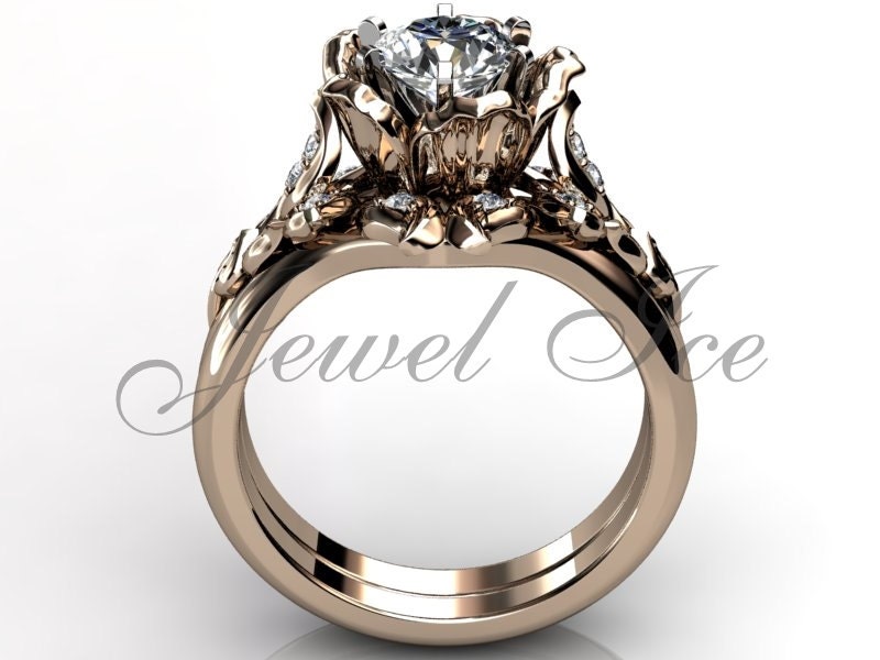 14K Roségold Diamant Ungewöhnlich Unikat Blumen Verlobungsring, Ehering, Verlobungsset Er-1041-3 von Jewelice