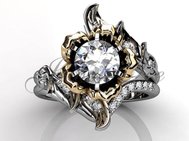 14K Ton Zwei Weiße Und Gelbe Gold Diamant Ungewöhnliche Einzigartige Blume-Verlobungsring, Ehering, Blume Engagement-Set Er-1083-4 von Jewelice