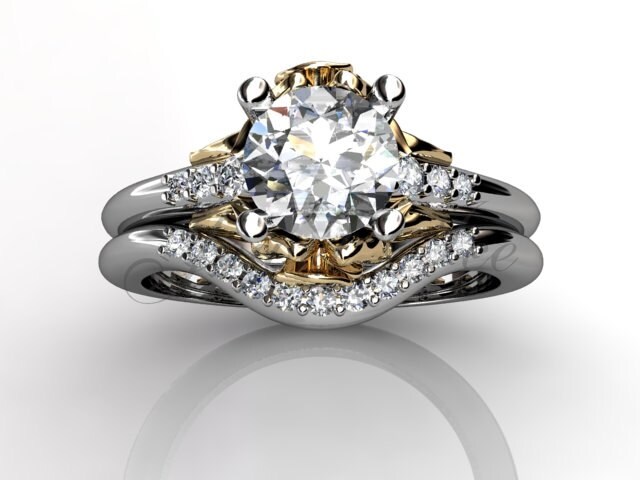 14K Ton Zwei Weiße Und Gelbe Gold Diamant Ungewöhnliche Einzigartige Blume-Verlobungsring, Ehering, Blume Engagement-Set Er-1097-4 von Jewelice