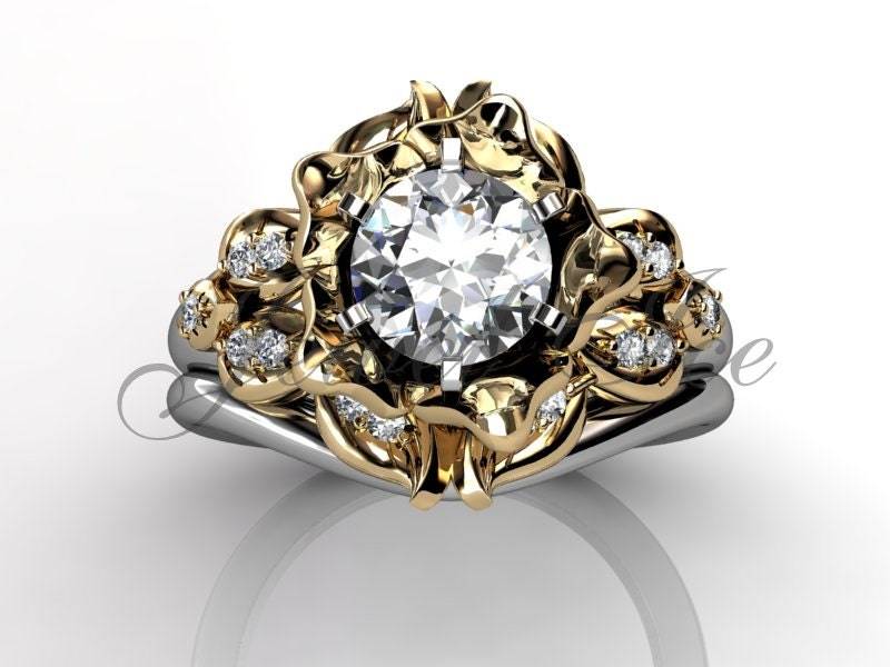 14K Ton Zwei Weiße Und Gelbe Gold Diamant Ungewöhnliche Einzigartige Blume-Verlobungsring, Ehering, Blume Engagement-Set Er-1099-4 von Jewelice
