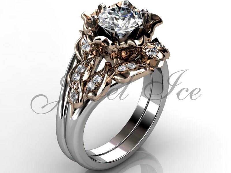 14K Ton Zwei Weiße Und Rosa Gold Diamant Ungewöhnliche Einzigartige Blume-Verlobungsring, Ehering, Blume Engagement Set Er-1099-5 von Jewelice